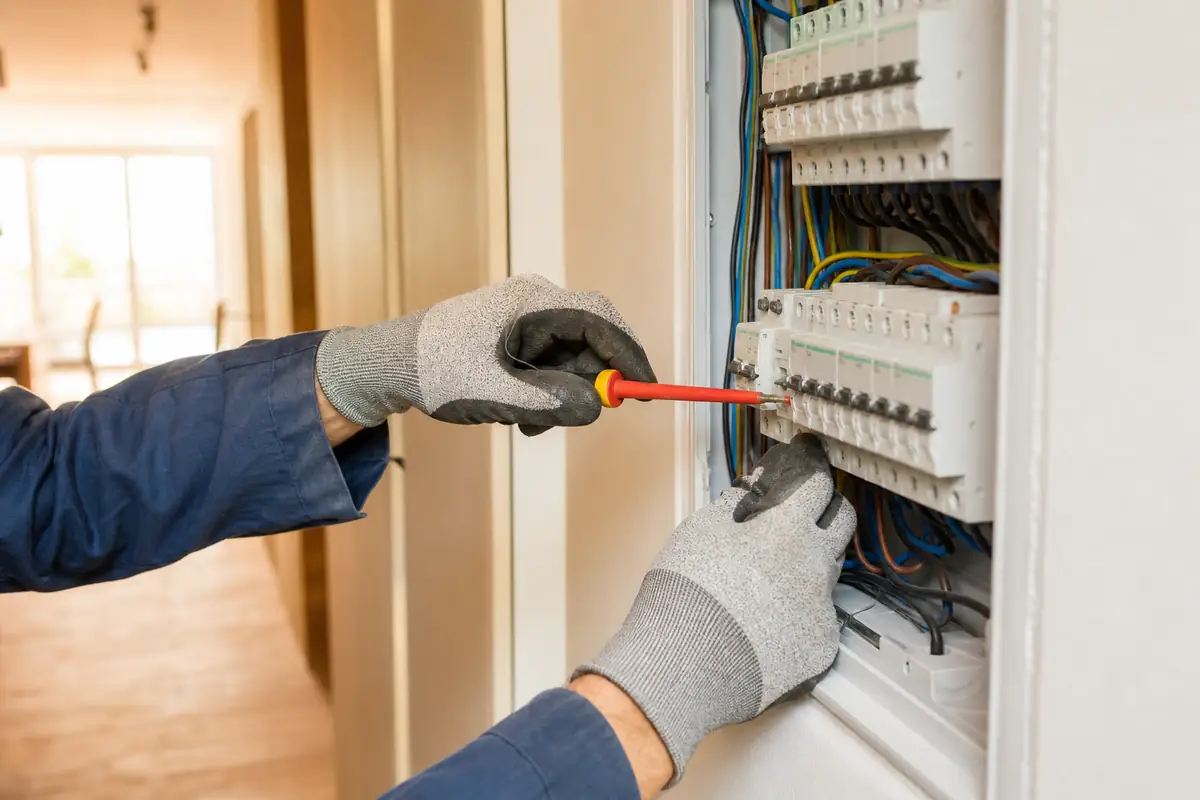 Električar radi na razvodnoj tabli – ruke u zaštitnim rukavicama sa izolovanim odvijačem